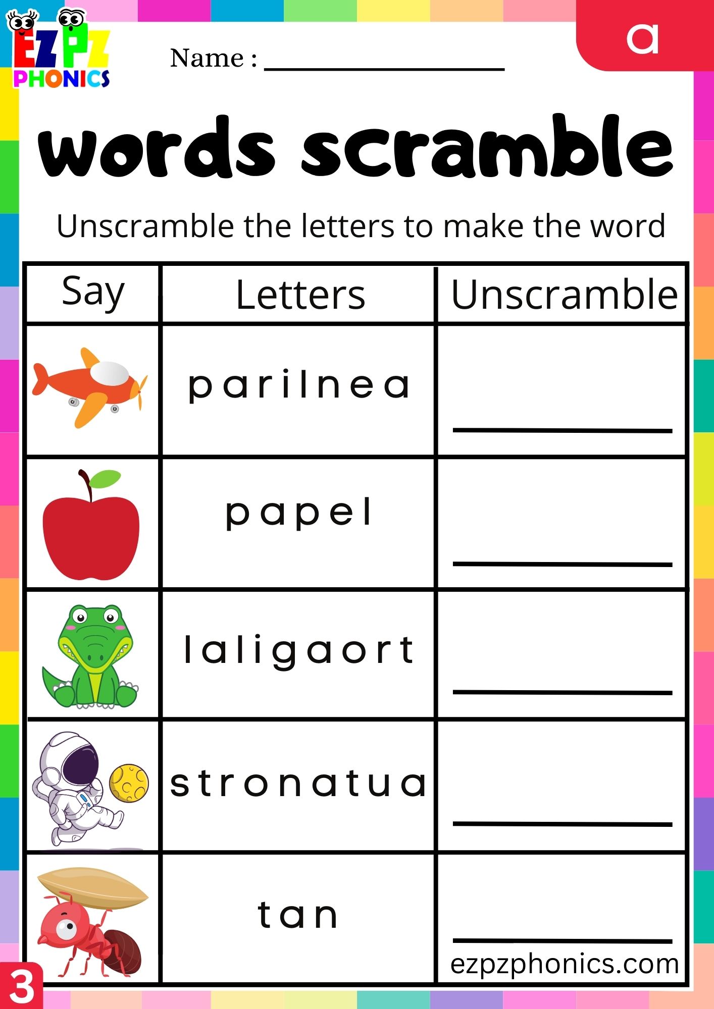 Letter a Word Scramble Activity for Kids Group 3